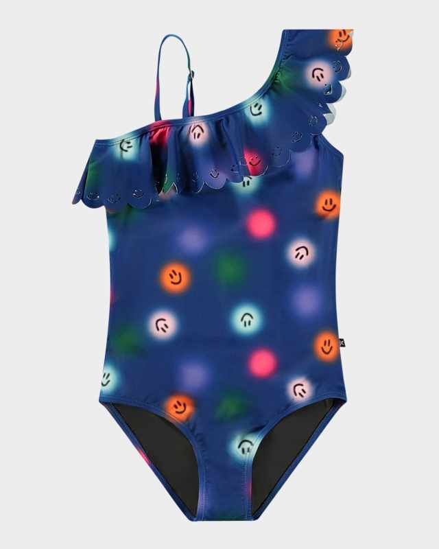 Girl's Net Ruffled One-Shoulder One-Piece Swimsuit, Size 3-7